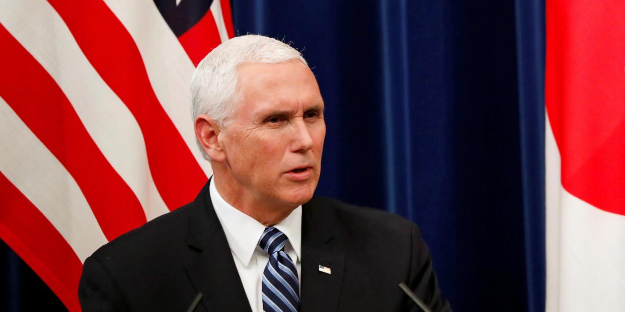 U.S. Vice President Mike Pence speaks during the joint news announcement with Japanese Prime Minister Shinzo Abe at Abe’s official residence in Tokyo, Japan