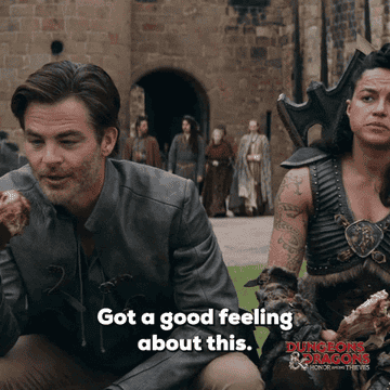 chris pine and michelle rodriguez eating turkey legs in dungeons and dragons
