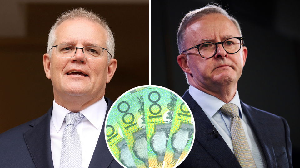 Scott Morrison and Anthony Albanese and $100 notes.