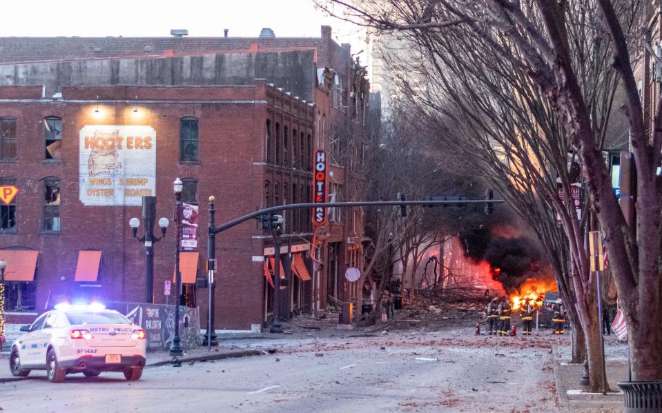 The scene on Second Avenue North shortly after an explosion the area on Friday, Dec. 25, 2020 in Nashville, Tenn.