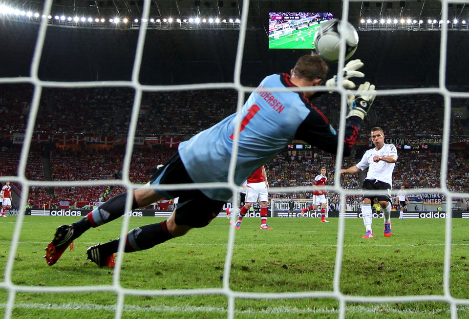 L'VIV, UKRAINE - JUNE 17: Lukas Podolski of Germany scores their first goal past Stephan Andersen of Denmark during the UEFA EURO 2012 group B match between Denmark and Germany at Arena Lviv on June 17, 2012 in L'viv, Ukraine. (Photo by Alex Livesey/Getty Images)