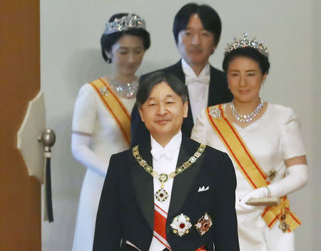 Japan's Emperor Naruhito, Empress Masako, Crown Prince Akishino and Crown Princess Kiko attend a ritual called Kenji-to-Shokei-no-gi, a ceremony for inheriting the imperial regalia and seals, at the Imperial Palace in Tokyo, Japan May 1, 2019, in this photo released by Kyodo. Mandatory credit Kyodo/via REUTERS