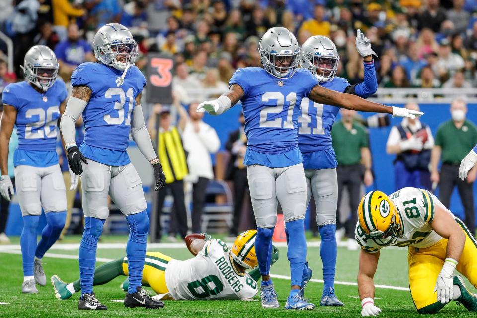 Lions free safety Tracy Walker III celebrates a play during the second half of the Lions' 37-30 win over the Packers on Sunday, Jan. 9, 2022, at Ford Field.