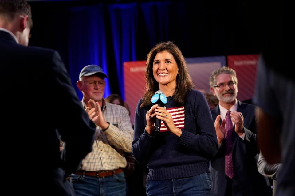 Republican presidential candidate Nikki Haley speaks during the Seacoast Media Group and USA TODAY Network 2024 Republican Presidential Candidate Town Hall Forum held in the historic Exeter Town Hall in Exeter, New Hampshire.