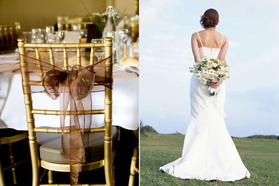 <p>Getty</p> Stock photos of a set table; A bride with her back to the camera