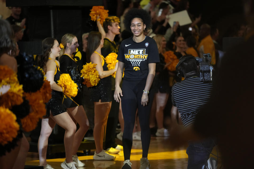 Iowa forward Hannah Stuelke walks onto the court during an Iowa women's basketball team celebration Wednesday, April 10, 2024, in Iowa City, Iowa. Iowa lost to South Carolina in the college basketball championship game of the women's NCAA Tournament on Sunday. (AP Photo/Charlie Neibergall)