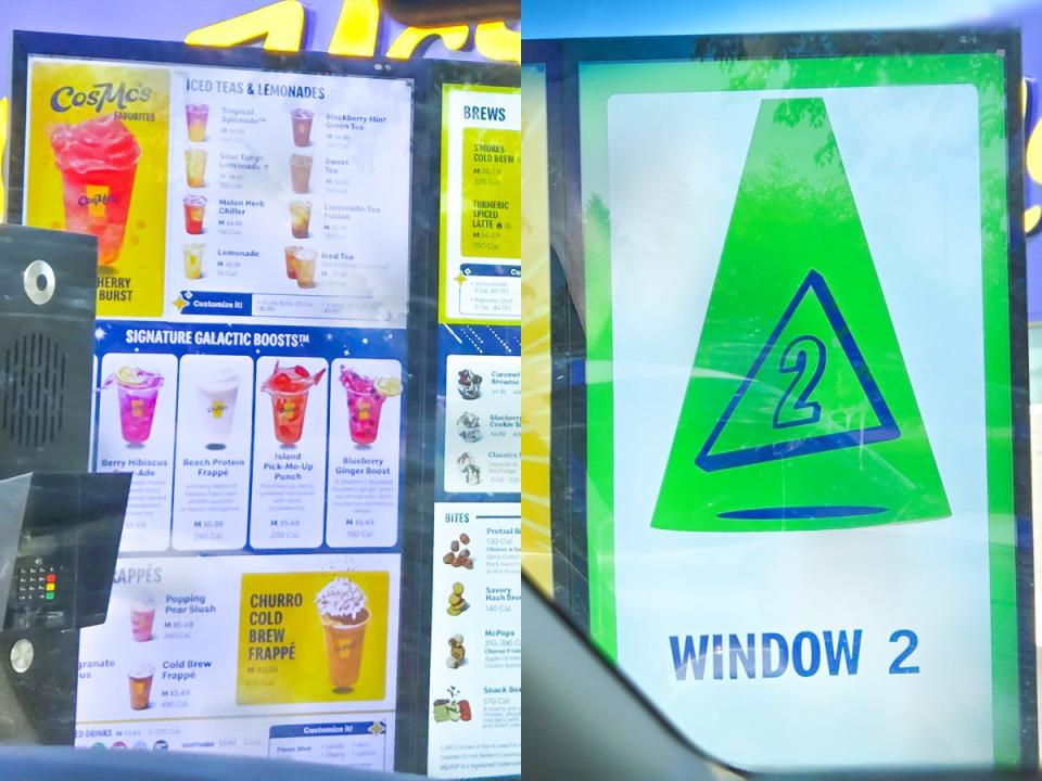 A menu at CosMc's drive-thru wth iced teas and lemonades, Signature Galactic boosts, and coffee drinks listed on the screen; A screen with a green graphic and text reading "window 2"