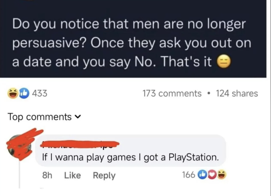 Meme expressing a view on modern dating with a humorous reply mentioning a PlayStation