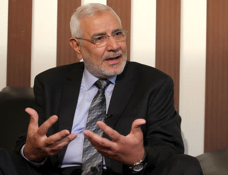 FILE PHOTO: Egyptian presidential candidate Abdel Moneim Abol Fotouh speaks during an interview with Reuters in Cairo, Egypt April 24, 2012. REUTERS/Mohamed Abd El Ghany/File photo