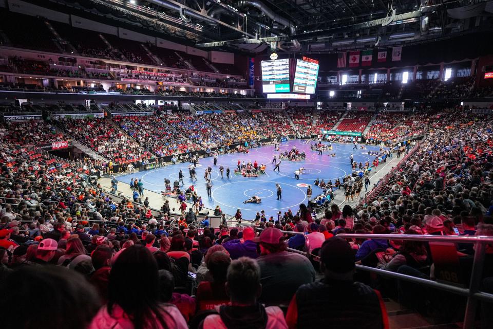 The boys state wrestling tournament gets underway at Wells Fargo Arena in Des Moines, Wednesday, Feb. 14, 2024.