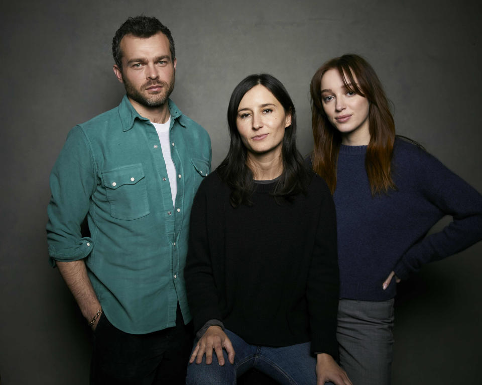 Alden Ehrenreich, from left, director Chloe Domont, and Phoebe Dynevor pose for a portrait to promote the film "Fair Play" at the Latinx House during the Sundance Film Festival on Saturday, Jan. 21, 2023, in Park City, Utah. (Photo by Taylor Jewell/Invision/AP)