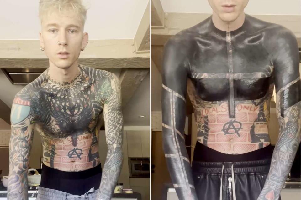 <p>Instagram/machinegunkelly</p> Machine Gun Kelly before and after his blackout tattoo