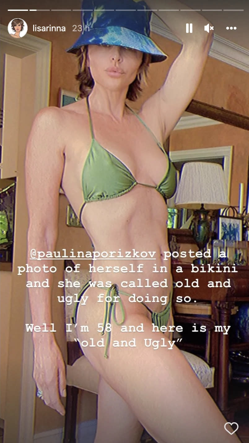 Rinna posed in a green string bikini as a show of support for Paulina Porizkova. (Photo: Lisa Rinna/Instagram Stories)

