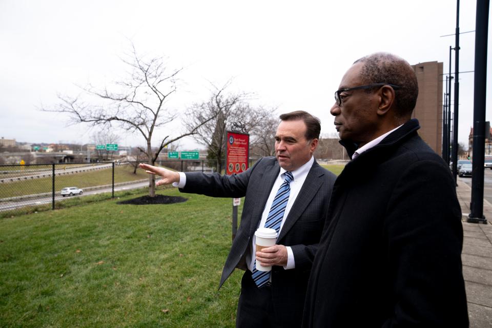 New city streets on either side of Interstate 75 would be critical in a street grid that would advance development, according to former Cincinnati Mayors John Cranley, left, and Mark Mallory.