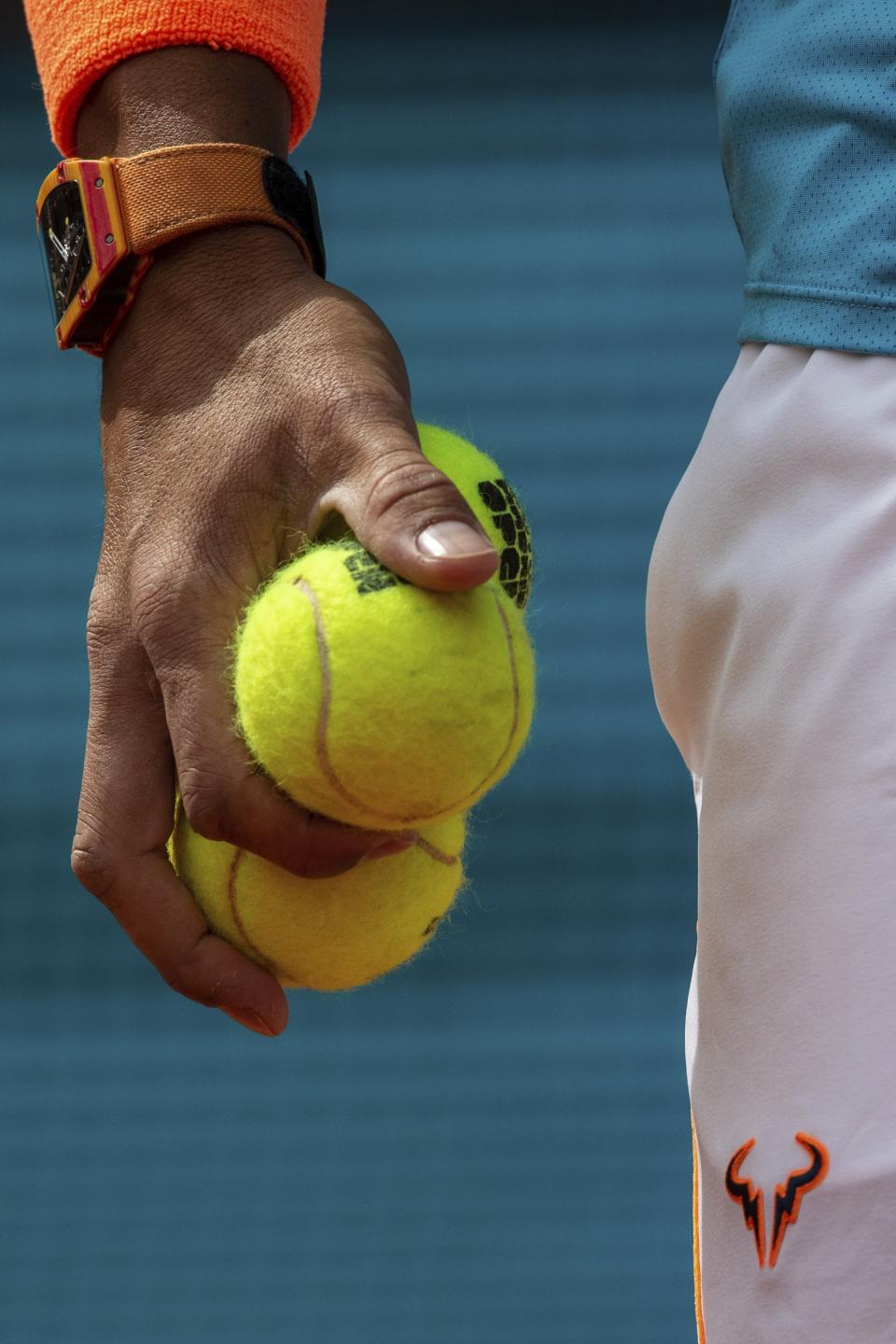 Rafael Nadal, from Spain, prepares to serve during the Madrid Open tennis match against to Felix Auger-Aliassime, from Canada, in Madrid, Wednesday, May 8, 2019. (AP Photo/Bernat Armangue)