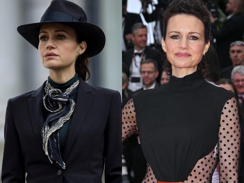 A side-by-side image of Carla Gugino as Verna on Netflix's "The Fall of the House of Usher," and in 2023.