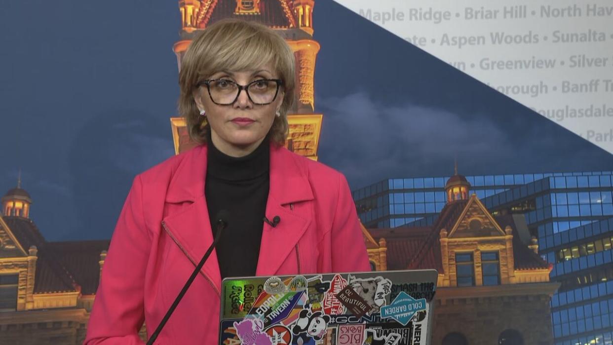 Calgary Mayor Jyoti Gondek held a press conference Sunday morning to apologize for the city's communication messaging about last week's feeder water main break. (Jo Horwood/CBC - image credit)