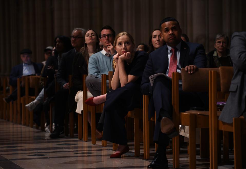 Audience members watches as Wheatley Institute joins Washington National Cathedral, Wesley Theological Seminary and Deseret Magazine in hosting an evening forum on “Disagreeing Better” in Washington, D.C., on Wednesday, Feb. 21, 2024. The event supported Cox’s initiative followed by a conversation of leaders, including political strategist Donna Brazile, attorney Rachel Brand, legal scholar Ruth Okediji and activist Tim Shriver, who are trying to model a new kind of politics. Columnist Peter Wehner joined Joshua DuBois, director of Faith-Based and Neighborhood Partnerships for the Obama administration, to uncover how to aim higher and do better. | Carol Guzy, for the Deseret News