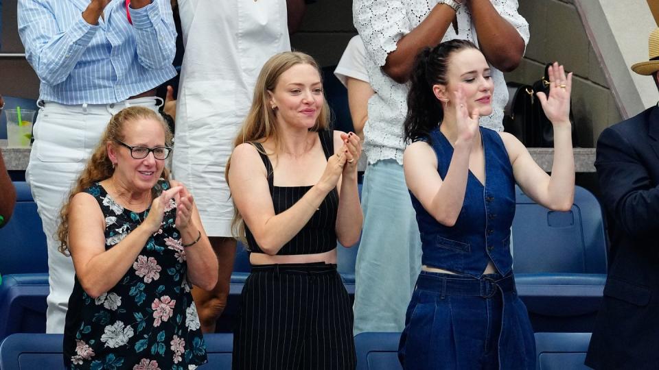 new york, new york september 09 amanda seyfried and rachel brosnahan are seen at the final game with coco gauff vs aryna sabalenka at the 2023 us open tennis championships on september 09, 2023 in new york city photo by gothamgc images