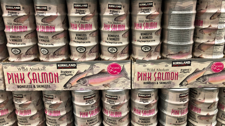 Kirkland Signature Wild Alaskan Pink Salmon cans on shelf