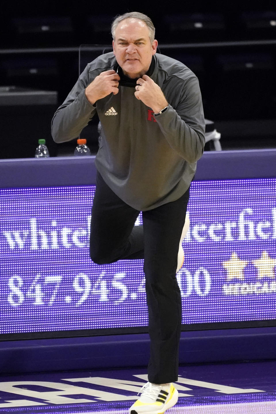 Rutgers head coach Steve Pikiell watches his team during the first half of an NCAA college basketball game against Northwestern in Evanston, Ill., Sunday, Jan. 31, 2021. (AP Photo/Nam Y. Huh)