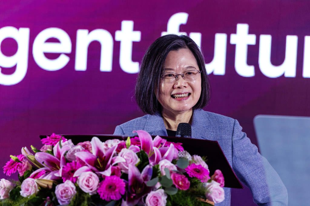 Tsai Ing-wen, Taiwan's president, speaks at the opening ceremony for Micron Technology Inc.'s new plant in Taichung, Taiwan, on Monday, Nov. 6, 2023. Micron is the largest US memory-chip maker. Photographer: Annabelle Chih/Bloomberg via Getty Images