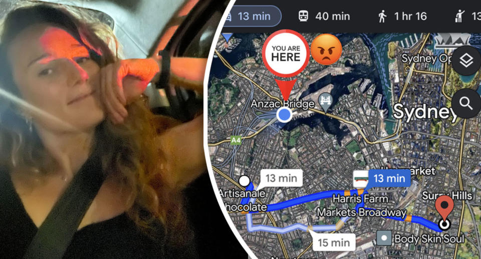 Uber passenger in back seat with an inset of a map showing the fastest route and the car kilometres away. 