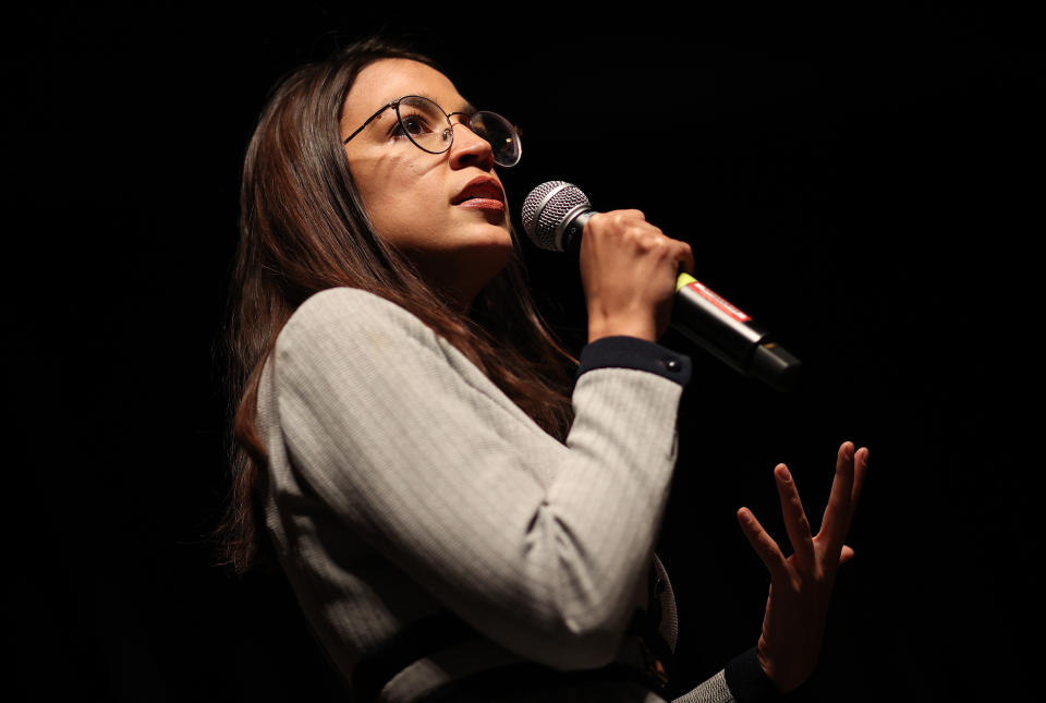 Rep. Alexandria Ocasio-Cortez (D-N.Y.) speaks at a campaign event for Democratic presidential candidate Sen. Bernie Sanders (I-Vt.) at the Ames City Auditorium on Jan. 25, 2020, in Ames, Iowa. (Photo: Win McNamee/Getty Images)