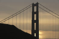 FILE - In this Tuesday, Nov. 20, 2018, file photo, unhealthy air from wildfires obscures the San Francisco skyline behind the Golden Gate Bridge near Sausalito, Calif. When it comes to their views on climate change, Americans are looking at natural disasters and their local weather, according to a new poll. (AP Photo/Eric Risberg, File)