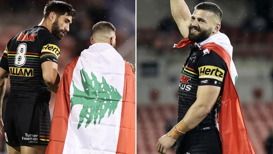 Josh Mansour, pictured here proudly displaying a Lebanese flag.