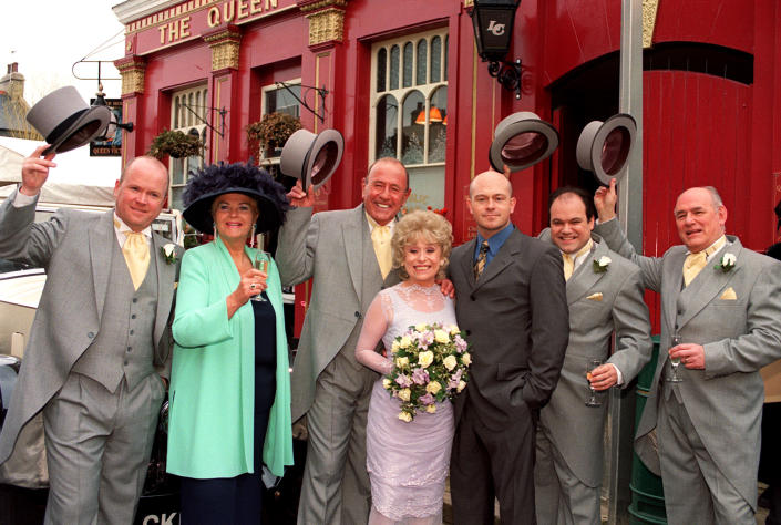 From left: Steve McFadden (Phil), Pam St Clement (Pat), Ross Kemp (Grant), Shaun Williamson (Barry), and Tony Caunter (Roy). (Getty)