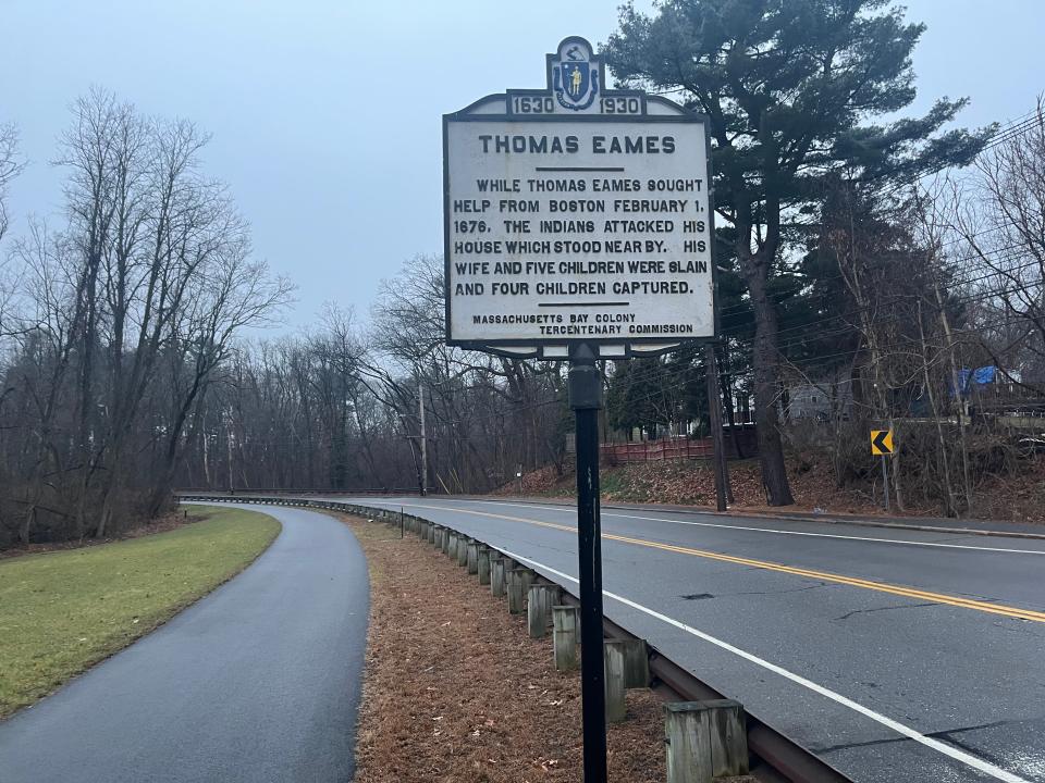 A sign on the Dudley bike path that partially explains the events of Feb. 1. 1676.