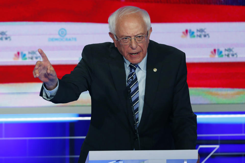 Democratic presidential candidate Sen. Bernie Sanders, I-Vt., speaks during the Democratic primary debate hosted by NBC News at the Adrienne Arsht Center for the Performing Arts, Thursday, June 27, 2019, in Miami. (AP Photo/Wilfredo Lee)