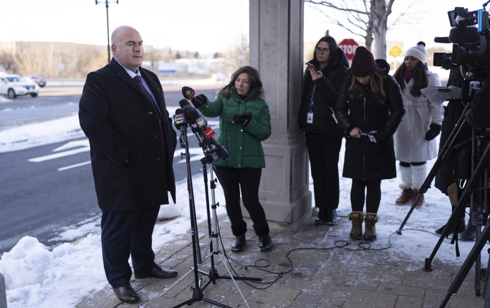 Vaughan Mayor Steven Del Duca speaks to media the day after a shooting in Vaughan, Ontario, on Monday Dec, 19, 2022. (Arlyn McAdorey/The Canadian Press via AP)