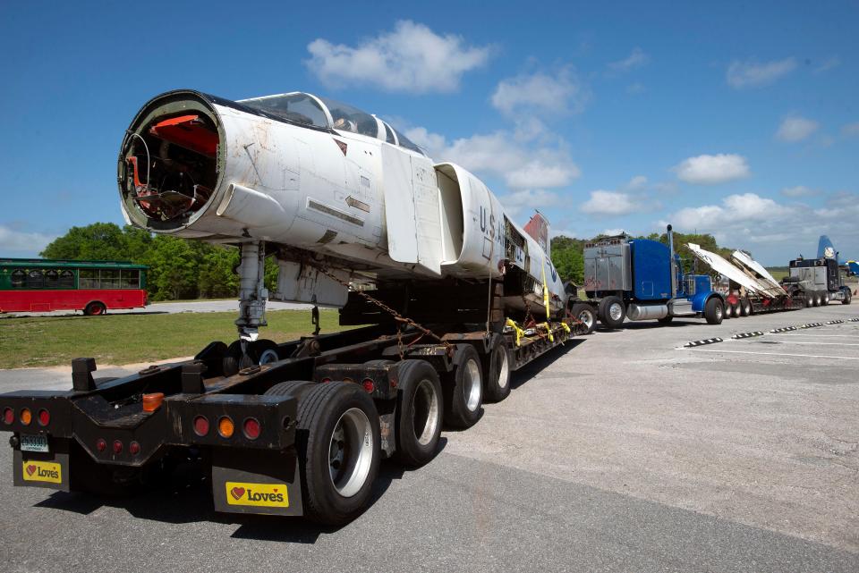 An F-4 Phantom II aircraft similar to the one flown by General Daniel "Chappie" James, Jr. arrives in Pensacola on Friday, April 22, 2022. The National Naval Aviation Museum will reassemble, repaint and prepare the Vietnam-era jet for placement at General Daniel "Chappie" James, Jr. Memorial Plaza.