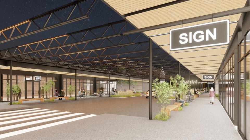 Renderings of Nylon Capital Center, a $60-million, 22-acre renovation of a legacy shopping center in Seaford, Del, that will include pickleball courts and public space, a community college, a health care center, co-working office space, retail and restaurants.