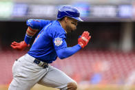 Chicago Cubs' Christopher Morel runs the bases as he hits for a double during the second inning of a baseball game against the Cincinnati Reds in Cincinnati, Thursday, May 26, 2022. (AP Photo/Aaron Doster)