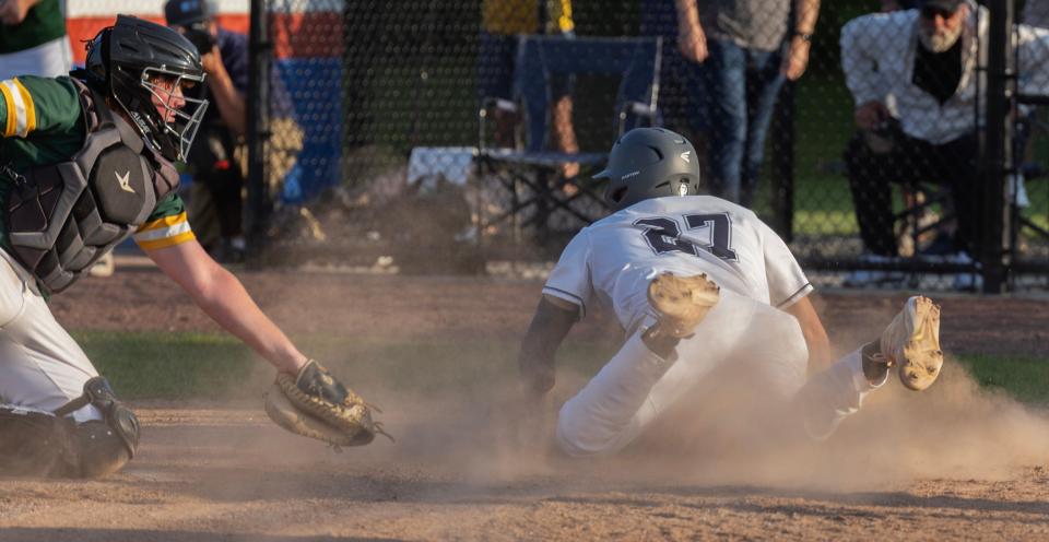 Ranney AJ Gracia scores the go ahead run in the seventh.  Ranney School Baseball defeats Red Bank Catholic 6-5  in Monmouth County Tournament Final in Middletown on May 10, 2023