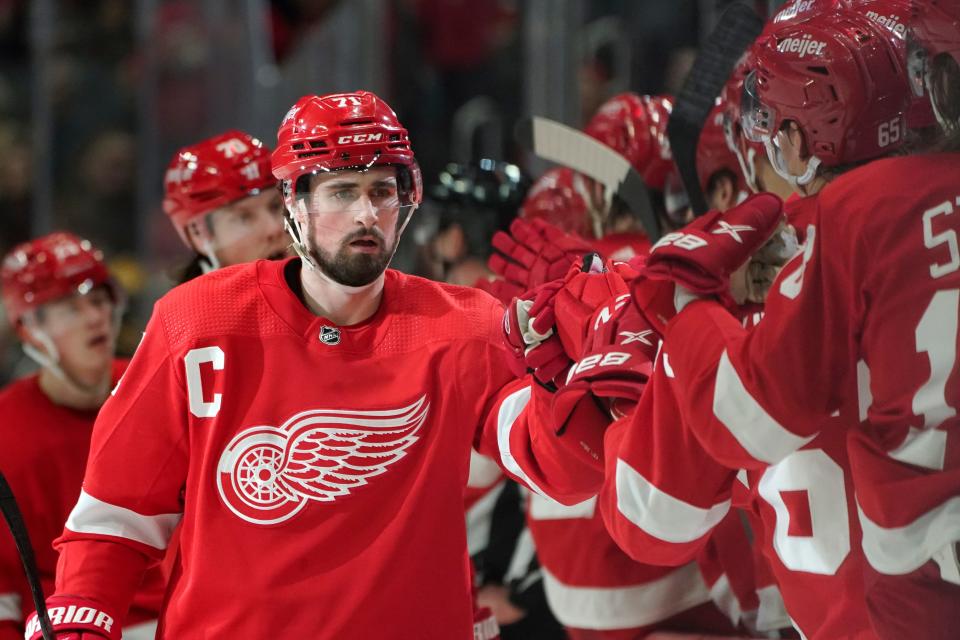 Red Wings center Dylan Larkin celebrates his goal against the Bruins in the first period on Tuesday, April 5, 2022, at Little Caesars Arena.