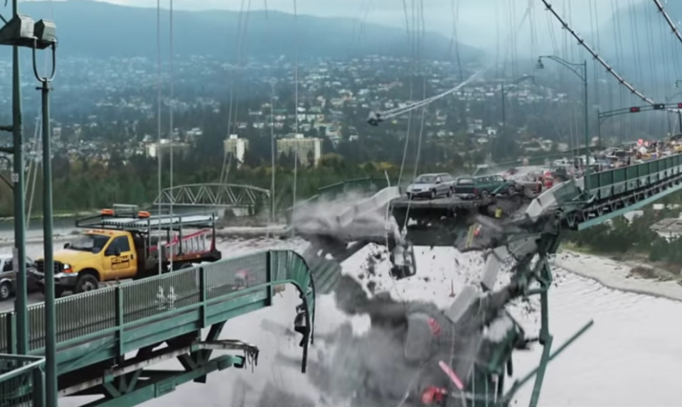 "Final Destination 5" scene showing a collapsed bridge with cars perched precariously at the edge