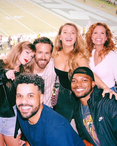 <p>Ryan Reynolds/Instagram</p> Ryan Reynolds poses with wife Blake Lively and Taylor Swift at the Chiefs-Jets game at MetLife Stadium in October.