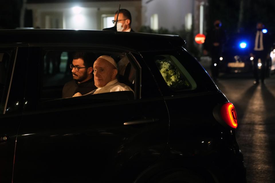 Pope Francis arrives at the Presidential Palace in Nicosia, Cyprus, Thursday, Dec. 2, 2021. Pope Francis arrived in Cyprus on Thursday to draw attention to the plight of migrants on Europe's borders and the disconnect between his Gospel-driven call for countries to welcome and integrate them and front-line governments that are increasingly unwilling or unable to let them in.(AP Photo/Petros Karadjias, Pool)