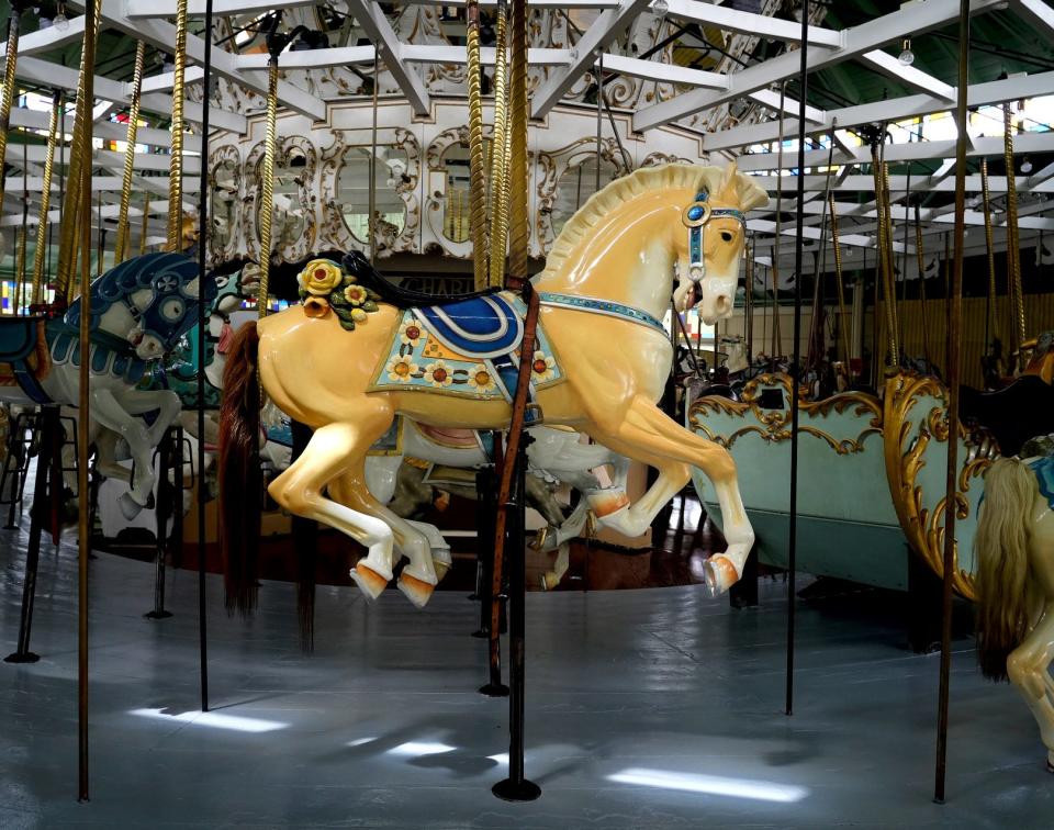 Blossom is one of the jumping horses on the Looff arousel at Crescent Park, which has 62 horses, two large chariots, two small chariots and a camel.