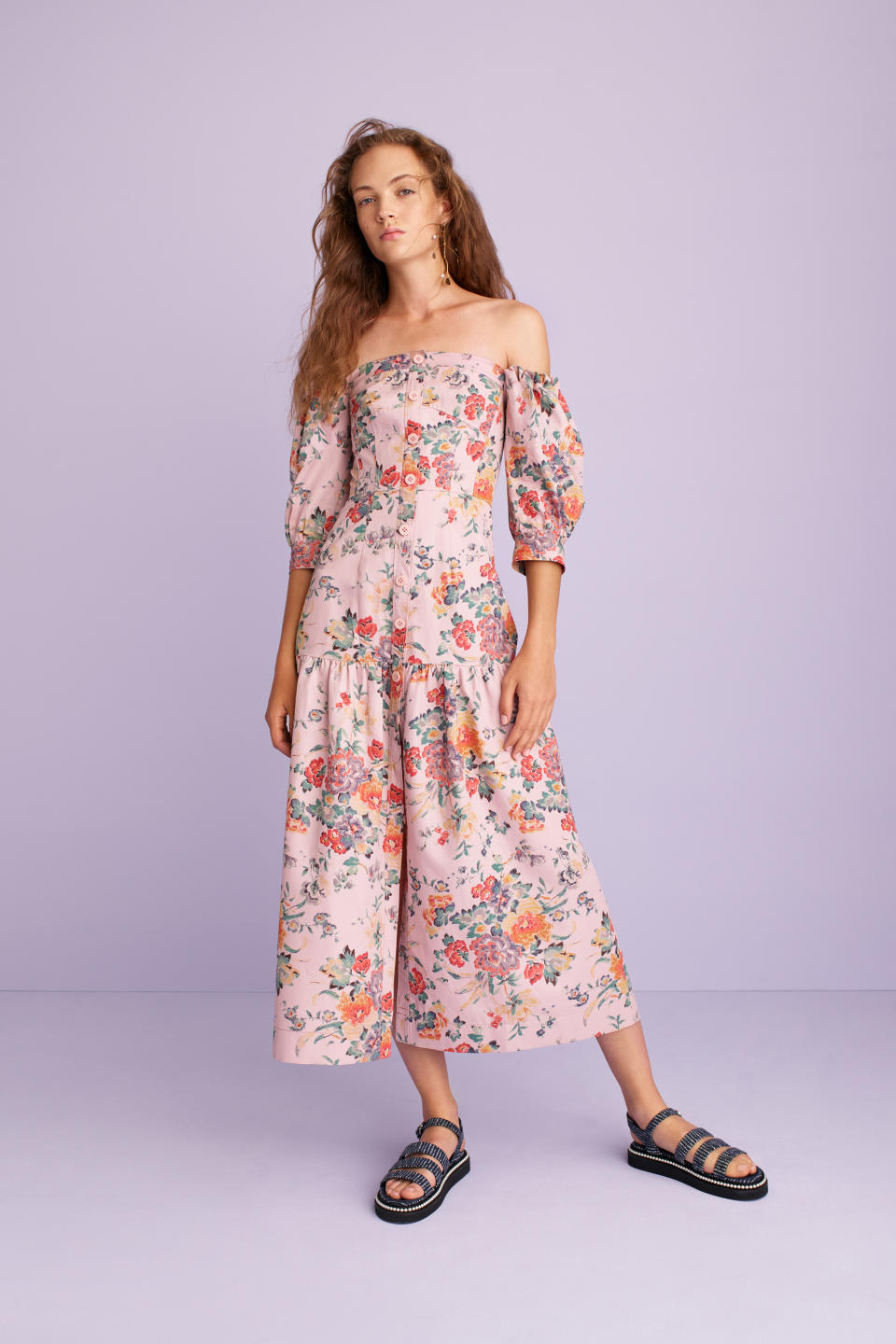 <p><i>Model wears an off-shoulder, floral print dress from the SS18 Rebecca Taylor collection. (Photo: ImaxTree) </i></p>