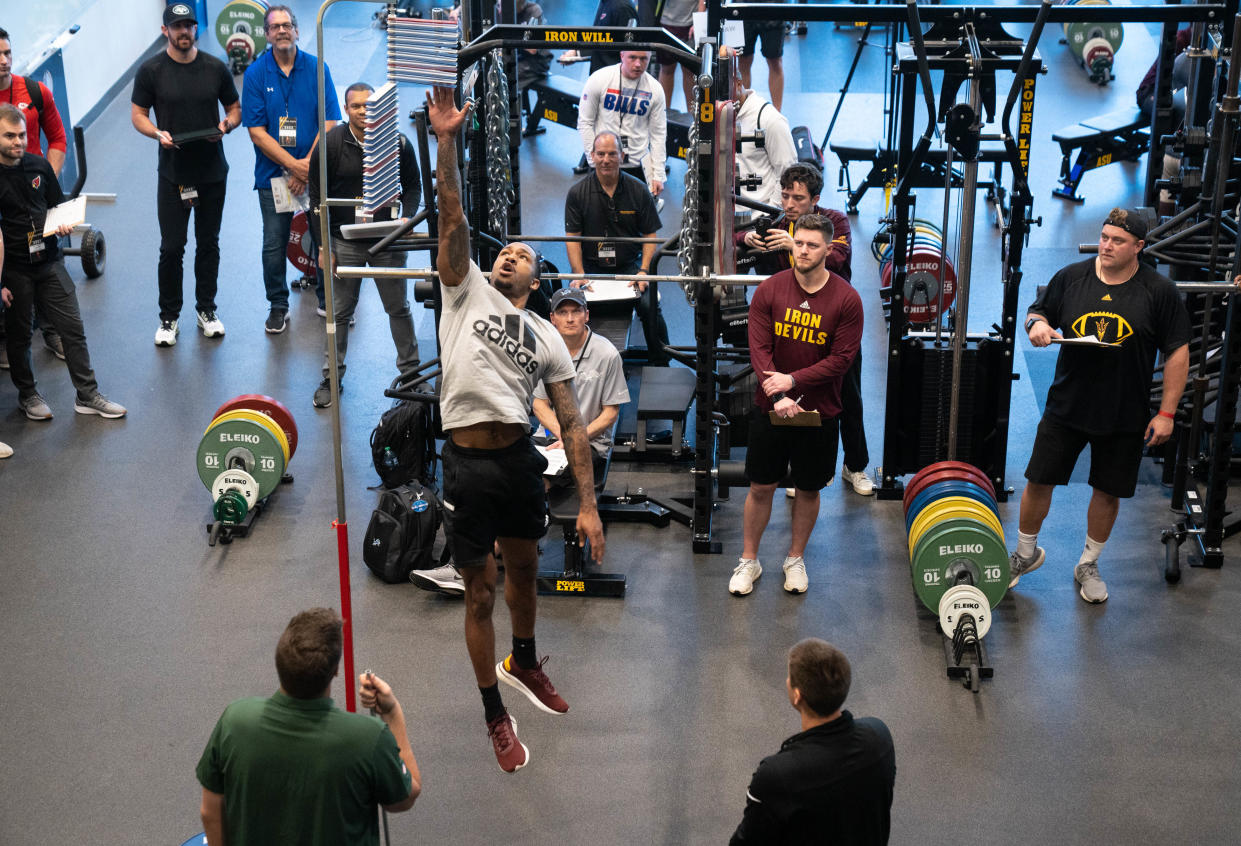 Jack Jones does the vertical jump during Pro Day, March 14, 2022, at ASU, Tempe, Arizona.