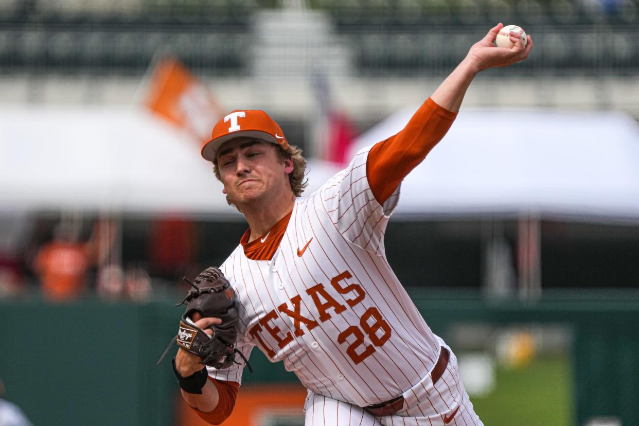 Texas lefthander Ace Whitehead (28) threw a complete game Saturday in a 10-2 home victory against Baylor. The week before, coming out of the bullpen against Washington, Whitehead allowed one hit in seven scoreless innings.