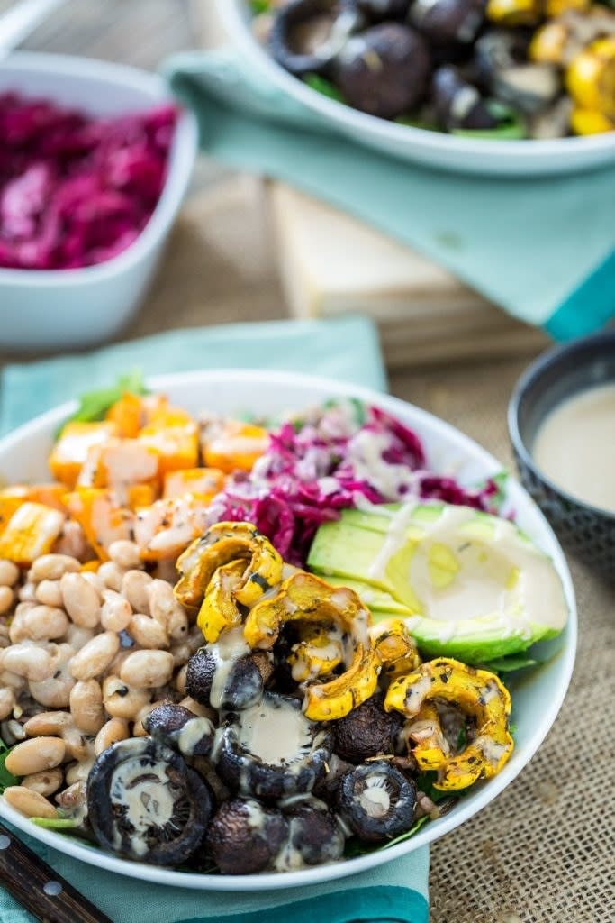 beans, mushrooms, veggies over rice