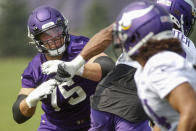 Minnesota Vikings tackle Brian O'Neill (75) blocks during NFL football training camp Friday, July 30, 2021, in Eagan, Minn. (AP Photo/Bruce Kluckhohn)