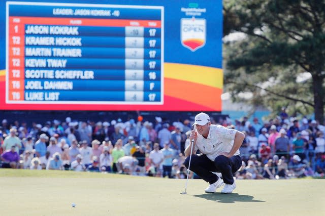 Jason Kokrak, pictured at the final hole, won the Houston Open by two shots from Kevin Tway and Scottie Scheffler 