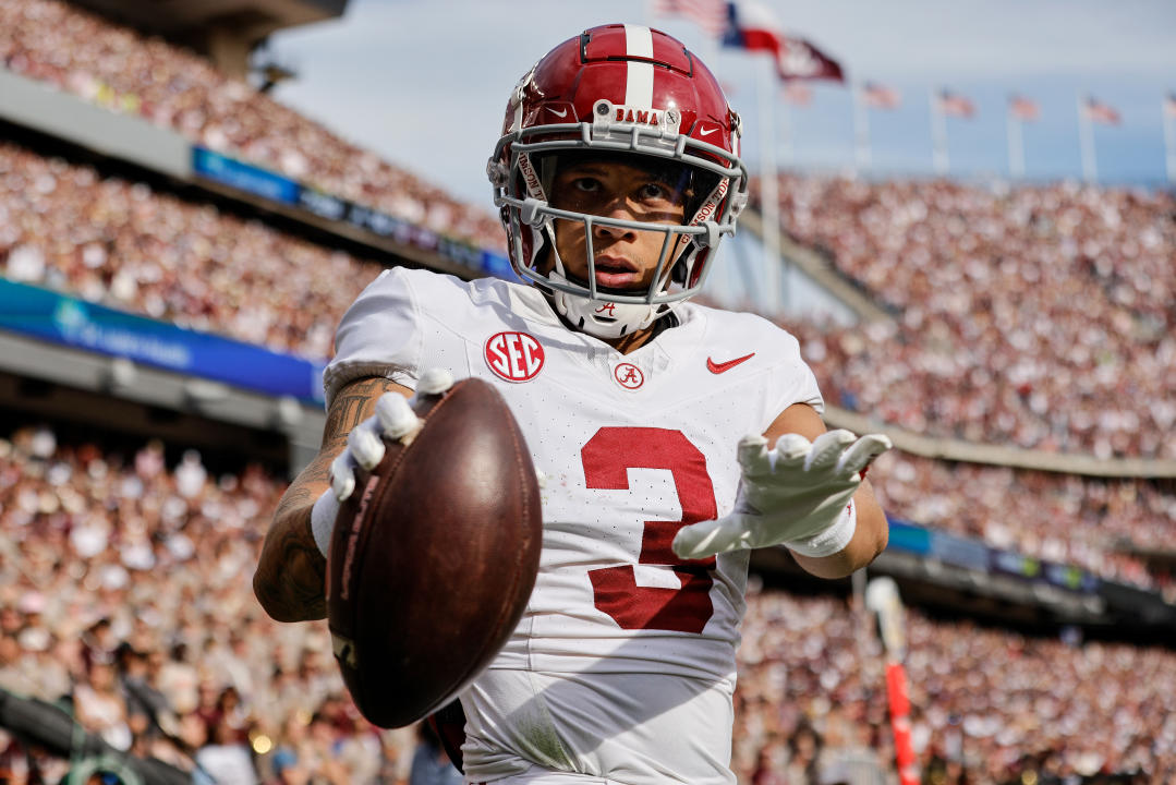 COLLEGE STATION, TEXAS - OCTOBER 07: Jermaine Burton #3 of the Alabama Crimson Tide reacts after a touchdown in the second half against the Texas A&M Aggies at Kyle Field on October 07, 2023 in College Station, Texas. (Photo by Tim Warner/Getty Images)
